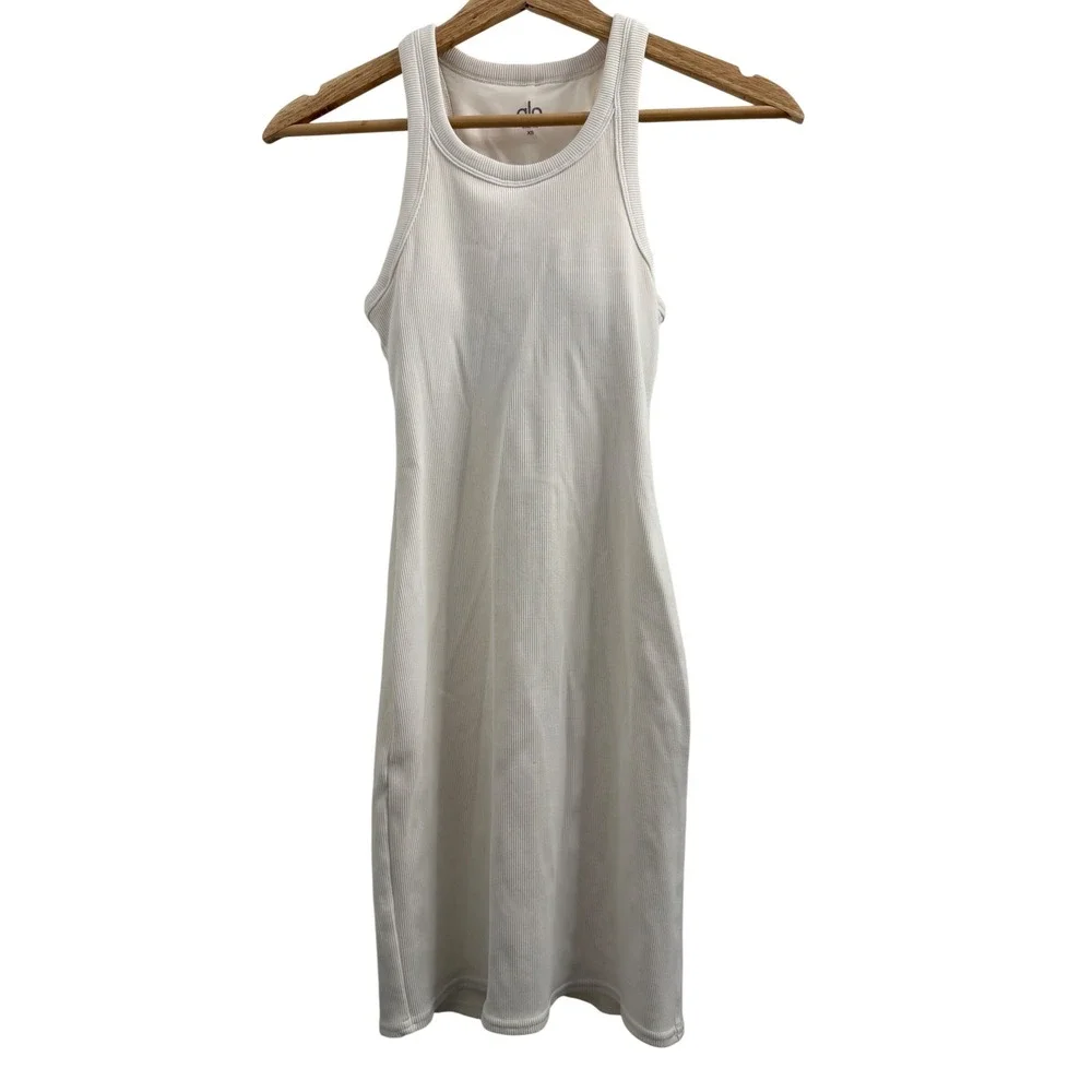 Alo Yoga Goddess Ribbed Go-To Dress Ivory Cream Mini Racerback XS